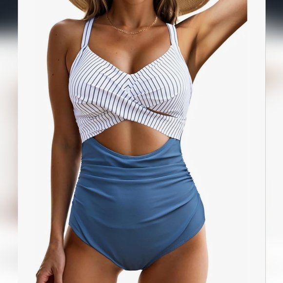 Amazon Best Seller Eomenie Tummy Control Striped Blue and White Swimsuit - Picture 1 of 10